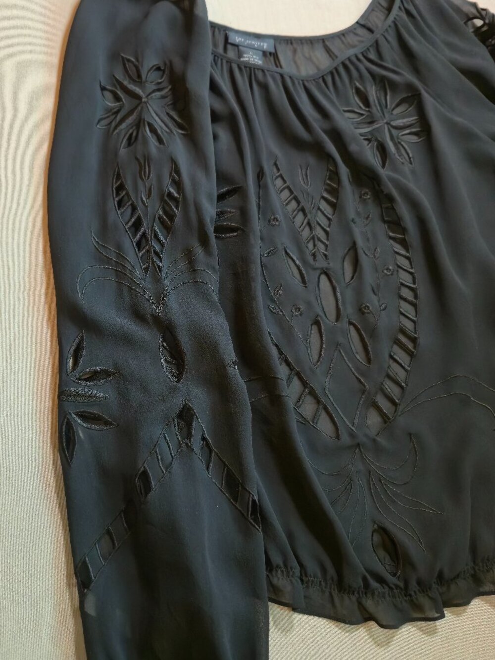 The Limited 100% Silk Black Embroidered Blouse Sheer with Cutouts size L Boho - Picture 7 of 16